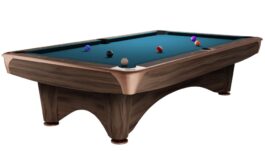 Billiard Table, Pool, Dynamic III, Modern Brown, 9 ft., Simonis 760 electric blue