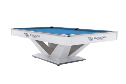 Billiard Table, Pool, Rasson Victory II Plus, White, 8 ft., Simonis 760 electric blue