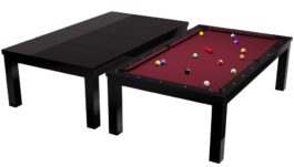 Pool Table / Dining Table, Penelope II,  Shining Black, incl. table cover, 8 ft., Club Cloth burgundy