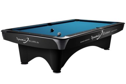 Billiard Table (Pool) Dynamic III, 9 ft., Matt Black, Second Hand, 8 ft., Simonis 860 electric blue