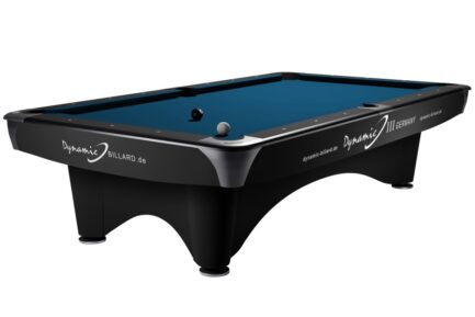 Billiard Table (Pool) Dynamic III, 9 ft., Matt Black, Second Hand, 8 ft., Simonis 760 royal blue