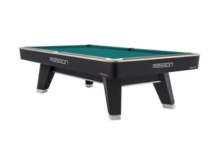 Billiard Table, Pool, Rasson ACURRA (MR-SUNG SERIES), 9 ft., matt-black (Strong Black), MATCHROOM pocket size, Simonis 860 blue green