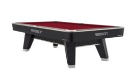 Billiard Table, Pool, Rasson ACURRA (MR-SUNG SERIES), 9 ft., matt-black (Strong Black), MATCHROOM pocket size, Simonis 860 burgundy
