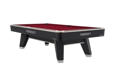 Billiard Table, Pool, Rasson ACURRA (MR-SUNG SERIES), 9 ft., matt-black (Strong Black), MATCHROOM pocket size, Simonis 860 burgundy