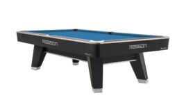 Billiard Table, Pool, Rasson ACURRA (MR-SUNG SERIES), 9 ft., matt-black (Strong Black), MATCHROOM pocket size, Simonis 760 electric blue