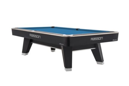 Billiard Table, Pool, Rasson ACURRA (MR-SUNG SERIES), 9 ft., matt-black (Strong Black), MATCHROOM pocket size, Simonis 860 electric blue