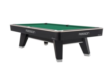 Billiard Table, Pool, Rasson ACURRA (MR-SUNG SERIES), 9 ft., matt-black (Strong Black), MATCHROOM pocket size, Simonis 860 yellow green