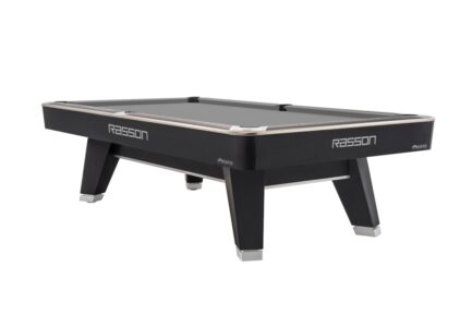Billiard Table, Pool, Rasson ACURRA (MR-SUNG SERIES), 9 ft., matt-black (Strong Black), MATCHROOM pocket size, Simonis 760 grey