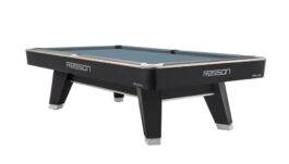 Billiard Table, Pool, Rasson ACURRA (MR-SUNG SERIES), 9 ft., matt-black (Strong Black), MATCHROOM pocket size, Simonis 760 powder blue