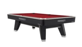 Billiard Table, Pool, Rasson ACURRA (MR-SUNG SERIES), 9 ft., matt-black (Strong Black), MATCHROOM pocket size, Simonis 760 red