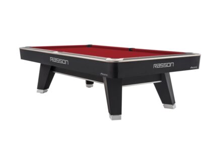 Billiard Table, Pool, Rasson ACURRA (MR-SUNG SERIES), 9 ft., matt-black (Strong Black), MATCHROOM pocket size, Simonis 760 red