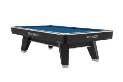 Billiard Table, Pool, Rasson ACURRA (MR-SUNG SERIES), 9 ft., matt-black (Strong Black), MATCHROOM pocket size, Simonis 760 royal blue