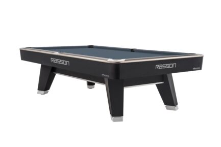 Billiard Table, Pool, Rasson ACURRA (MR-SUNG SERIES), 9 ft., matt-black (Strong Black), MATCHROOM pocket size, Simonis 860 shark grey