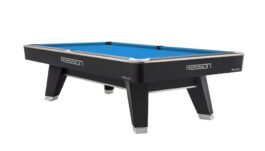 Billiard Table, Pool, Rasson ACURRA (MR-SUNG SERIES), 9 ft., matt-black (Strong Black), MATCHROOM pocket size, Simonis 760 tournament blue