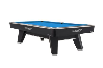 Billiard Table, Pool, Rasson ACURRA (MR-SUNG SERIES), 9 ft., matt-black (Strong Black), MATCHROOM pocket size, Simonis 760 tournament blue