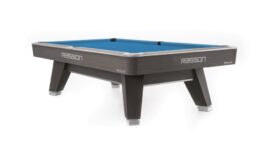 Billiard Table, Pool, Rasson ACURRA (MR-SUNG SERIES), 9 ft., Grey (Sarum Strand), MATCHROOM pocket size, Simonis 860 electric blue