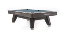 Billiard Table, Pool, Rasson ACURRA (MR-SUNG SERIES), 9 ft., Grey (Sarum Strand), MATCHROOM pocket size, Simonis 860 powder blue