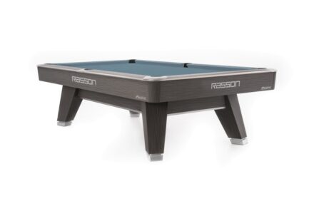 Billiard Table, Pool, Rasson ACURRA (MR-SUNG SERIES), 9 ft., Grey (Sarum Strand), MATCHROOM pocket size, Simonis 860 powder blue