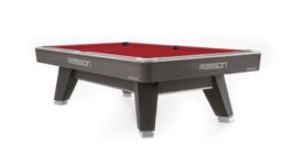 Billiard Table, Pool, Rasson ACURRA (MR-SUNG SERIES), 9 ft., Grey (Sarum Strand), MATCHROOM pocket size, Simonis 860 red