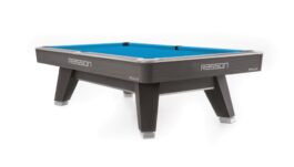 Billiard Table, Pool, Rasson ACURRA (MR-SUNG SERIES), 9 ft., Grey (Sarum Strand), MATCHROOM pocket size, Simonis 860 tournament blue