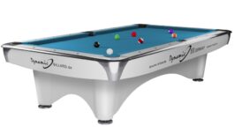 Billiard Table Dynamic III, shining white, Pool, used, 9 ft., Simonis 760 tournament blue
