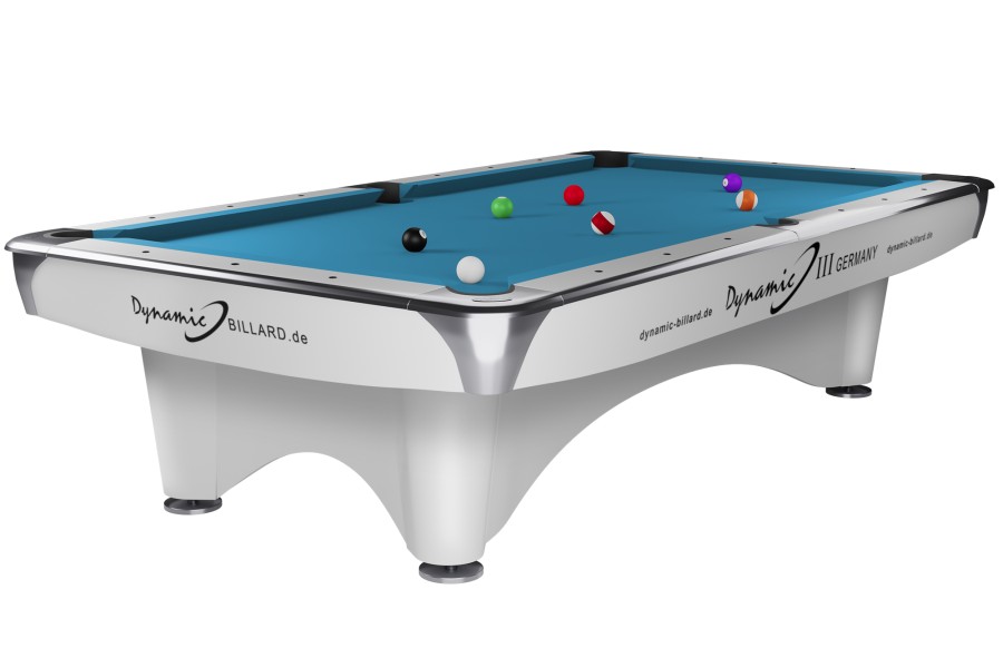 Billiard Table Dynamic III, shining white, Pool, used, 9 ft., Simonis 760 tournament blue